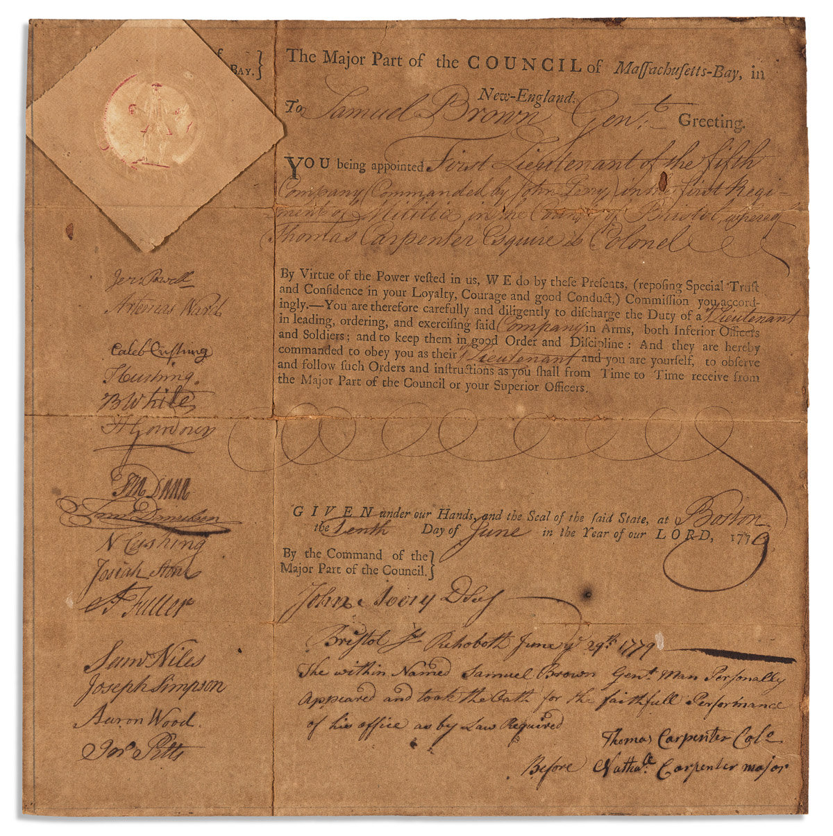 (AMERICAN REVOLUTION.) Partly-printed Document Signed, by 15 members of the Council of Massachusetts Bay, military commission appointin